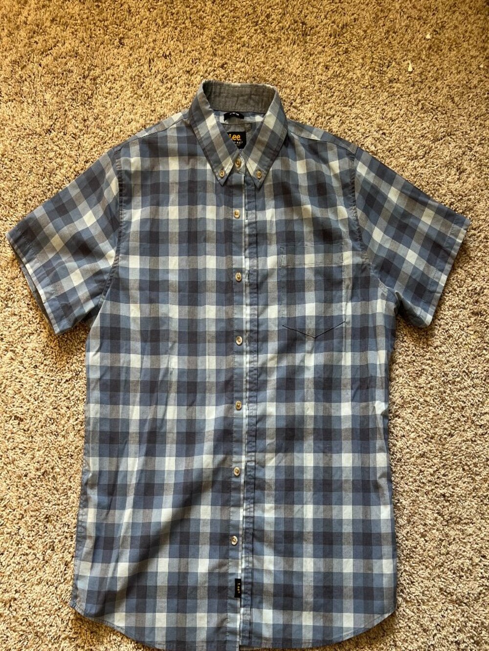 Lee Premium Select Short Sleeve Plaid Shirt Button Down Blue Men's Large Stretch
